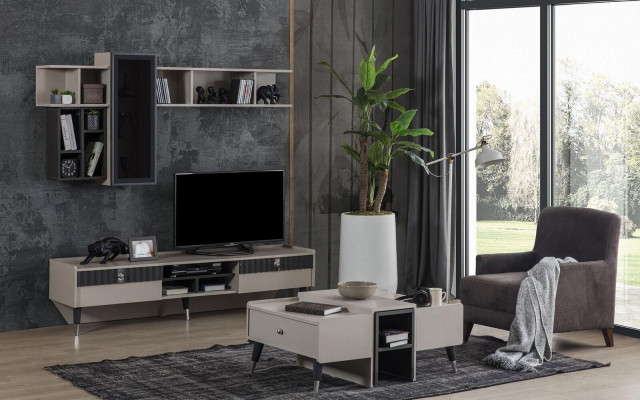 Wunnzëmmer Set Designer RTV-Stänner Luxus Holzbrietera Couchtisch 3-deleg