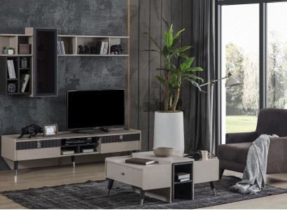 Wunnzëmmer Set Designer RTV-Stänner Luxus Holzbrietera Couchtisch 3-deleg