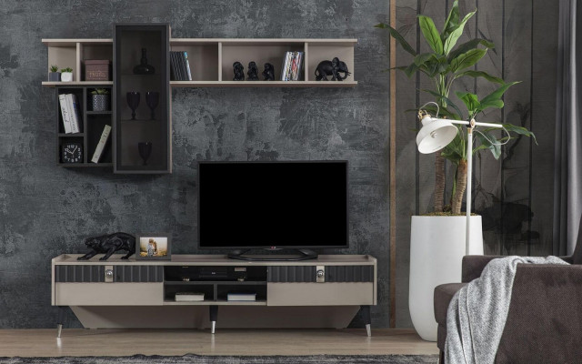 Wunnzëmmer Set Designer RTV-Stänner Luxus Holzbrietera Couchtisch 3-deleg