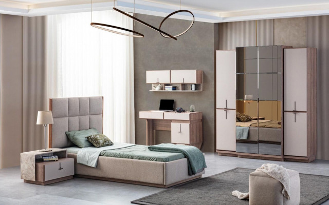 Beige Kannerzëmmer Set Designer Eenzelbett Holz Nuetsschaf 2-Deel Set
