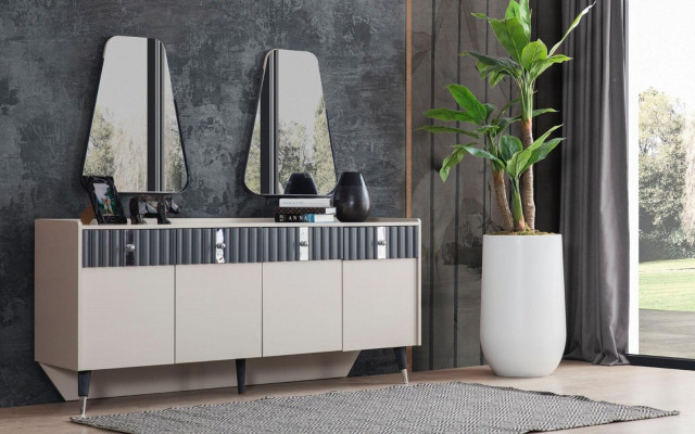 Komplett Garnitur Designer Beige Anrichte Sideboard 2x Spigel 3-deeler Set