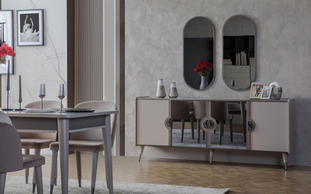 Grau Miwwelen Garnitur Designer 4-Dieren Sideboard Exklusive Spigel 3 Deeler