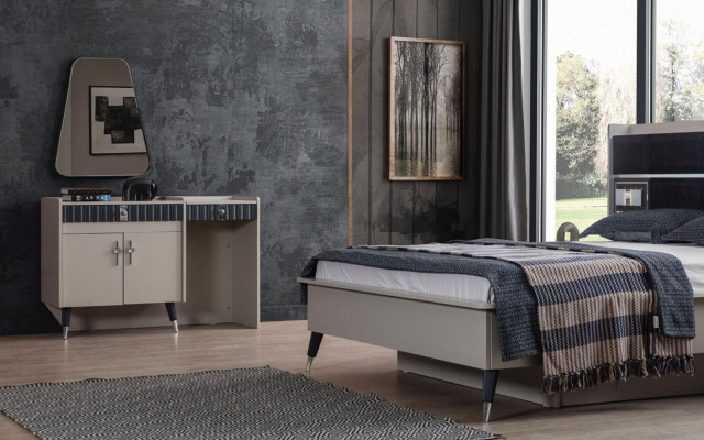 Beigen Make-up-Dësch Holz Kosmetikdësch Designer Konsol Spigel 2tlg