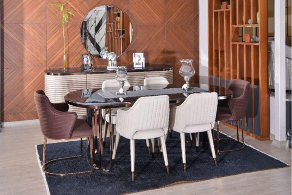Iesszëmmer Iessgrupp Iesseck Luxus Iessdësch Still Beige Set 9 Stécker Holz