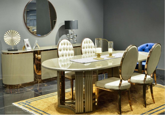 Éiseck Luxus Iesszëmmer Iessgrupp Iessdësch Beige Set 7tlg Holz Still
