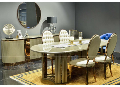 Éiseck Luxus Iesszëmmer Iessgrupp Iessdësch Beige Set 7tlg Holz Still