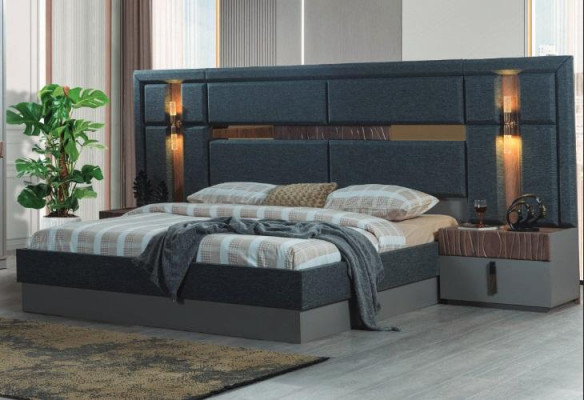 Dunkelgraut Duebelbett Designer Holz Nuetsdëscher Schlofkummermoossats