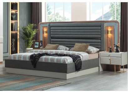 Gro Betten Designer-Schlofkummer Duebelbett 2x Holz Nuetsdëscher 3-stéckeg.