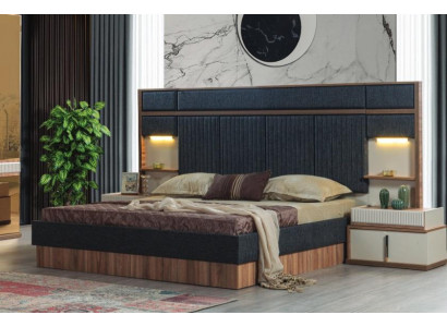 Modern Schlofzëmmer Set Duebelbett Holz Nuetsdëscher Textilbett