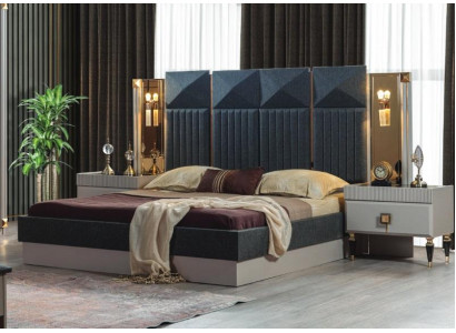 Modern Schlofzëmmer Miwwelen Designer Greift Bett 2x Holz Nuetsdëscher 3tlg