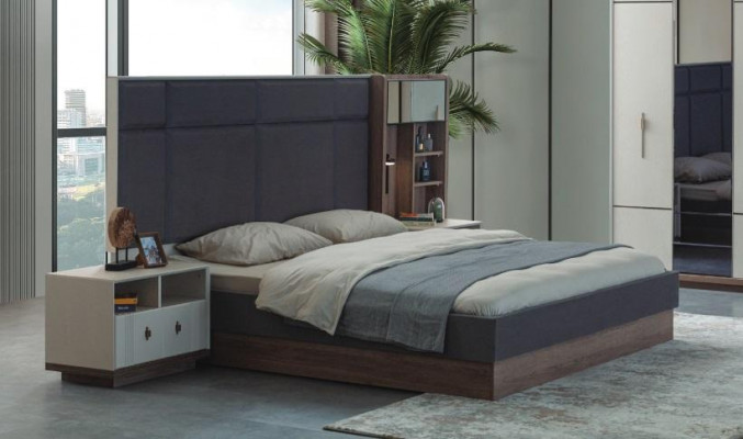 Gro Bett Design Set Duebelbett 2x Nuetsdëscher Schlofkummer an aachrom Farwen.
