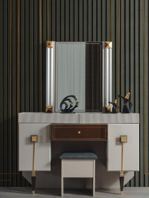 Modern Schlofzëmmer Holzmobilier Schminktisch Hocker Spigel Garnitur