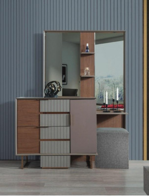 Modern Schlofzëmmer Garnitur Schminktisch Mat Spigel Hocker 3-tlg Set