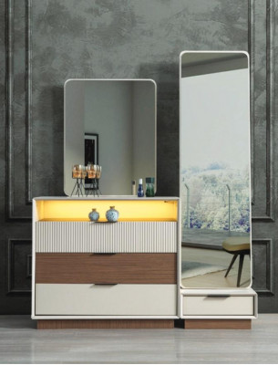 Schlofkummer Designer Kommode Mat Spigel LED Beliichtung Holz Miwwel