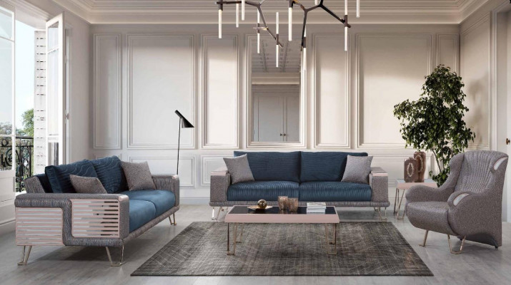 Sëtzgrupp 3+3+1 Sëtzplaz + Couchtisch Modern Textil Komplett Blo Nei