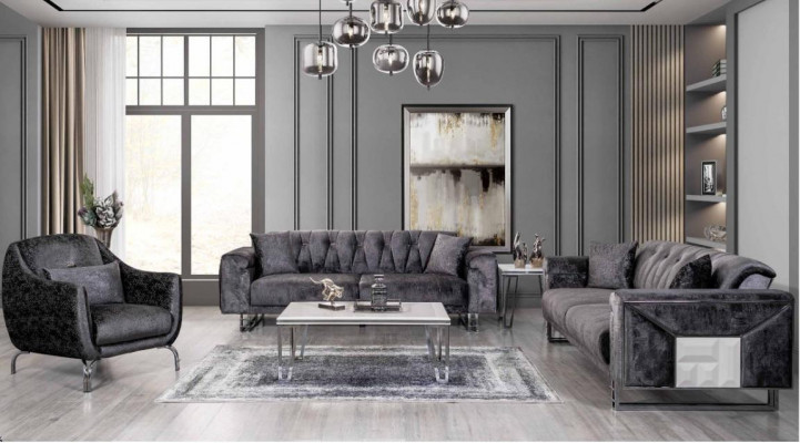 Sofagarnitur 3+3+1 Sëtzer Couchtisch Niewentisch Modern Schwaarz Komplett nei