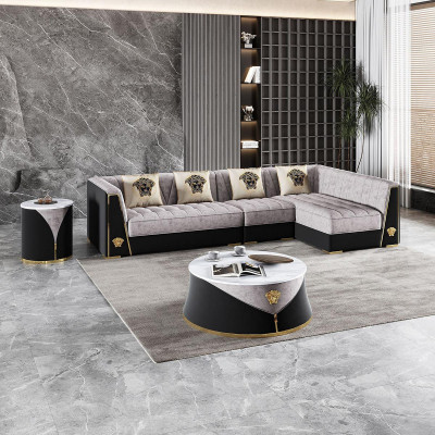 Grau Wunnzëmmer Sofagarnitur Eck-Sofa Couchtisch Niewentisch Edelstol