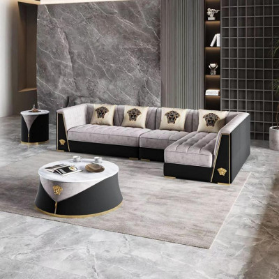 Grau Wunnzëmmer Sofagarnitur Eck-Sofa Couchtisch Niewentisch Edelstol