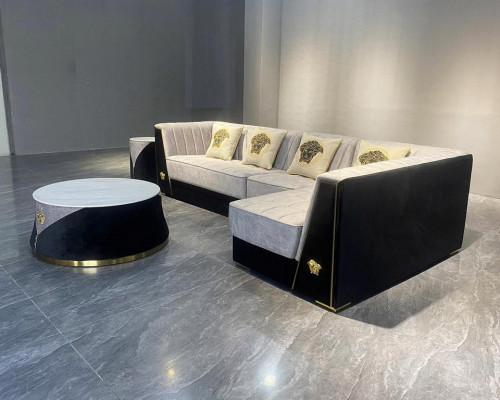 Grau Wunnzëmmer Sofagarnitur Eck-Sofa Couchtisch Niewentisch Edelstol