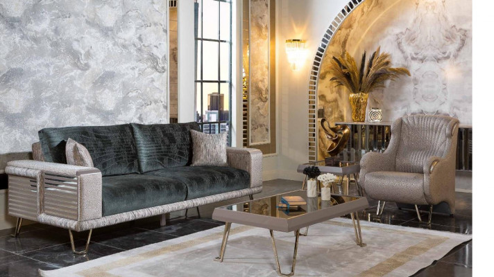 Sofagarnitur 3+1 Sëtzer + Couchdësch Modern Niewendësch Textil Komplett Beige