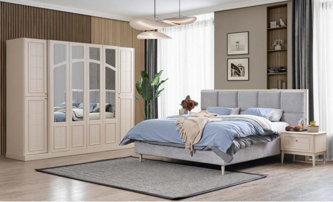 Schlofzëmmer Set Luxus Komplett Bett 2x Nuetsdësch Kleederschaf Modern 4-Deeler