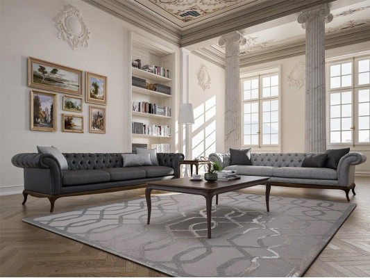 Modern Wunnzëmmer Set 4tlg Grau Sofa Canapé Designer Holz Dësch Nee