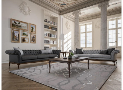 Modern Wunnzëmmer Set 4tlg Grau Sofa Canapé Designer Holz Dësch Nee