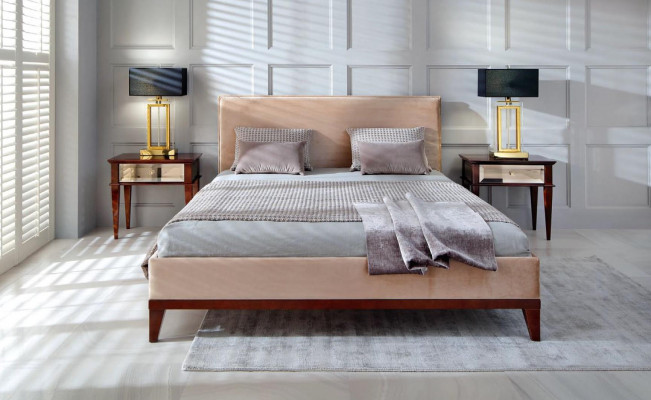 Modern brong-béigen Schlofzëmmer Luxusbett Holz Duebelbett Nei