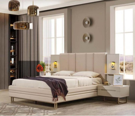 Schlofkummer Set Luxus Komplett Beige Bett 2x Nuetsdëscher Modern