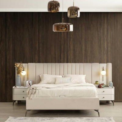 Luxus-Schlofzëmmer-Bett an 2x Noluecht Dëscher 3-Deel Set Design Ariichtung