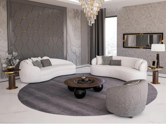 Komplett 6-deeleger Sofagarnitur 2x Dräisëtzer Sofa Designer Fauteuil Holz Couchtisch