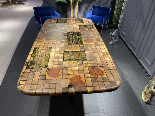 Iessdësch Epoxidharz Iesszëmmerdësch Mosaik Dësch 90 cm Holz Braun Nei