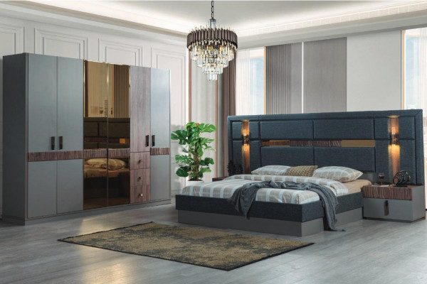 Graue Schlofkummer Komplettset Bett 2x Nuetsdësch Schaf