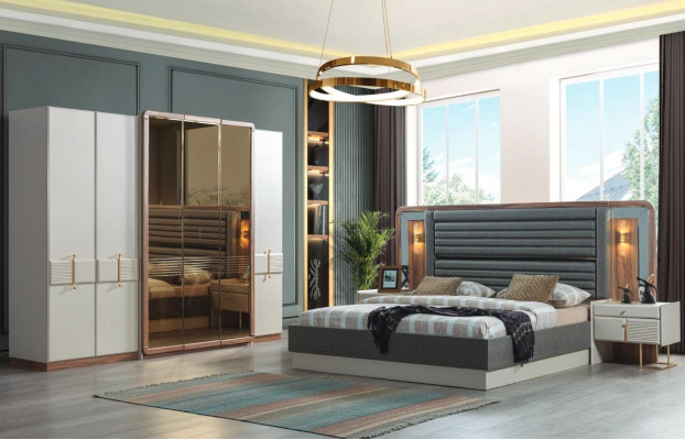 Komplett Luxus-Schlofzëmmer Set Bett 2x Nuetsdëscher Modern Miwwelen 4 Deeler