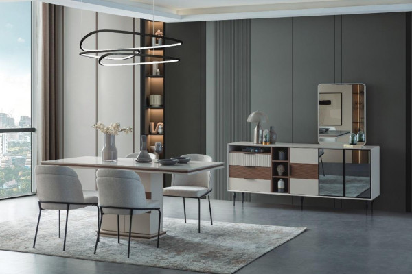 Wäiss Iessgrupp Rektangulären Iessdësch 4x Still Sideboard Luxus Spigel