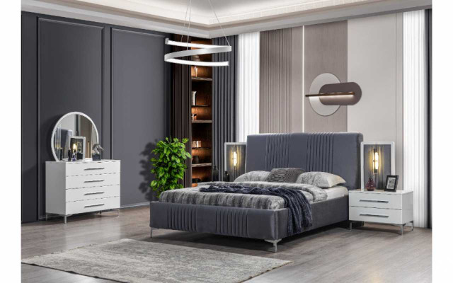 Stiléierend Schlofkummer Set Gro Bett aus Holz Nuetsdëscher 5 Deeler