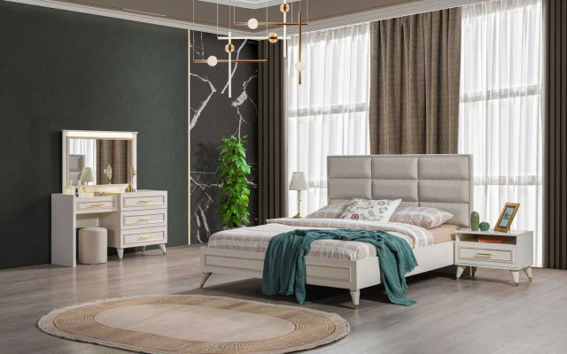 Grousse Schlofzëmmer Set Duebelbett Schminktisch Hocker Spigel 6 Stécker