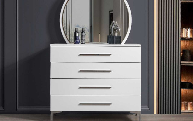 Véiertéiereg Wäiss Schlofzëmmer Kommode Designer Glas Ronnspigel 2-Delige Set