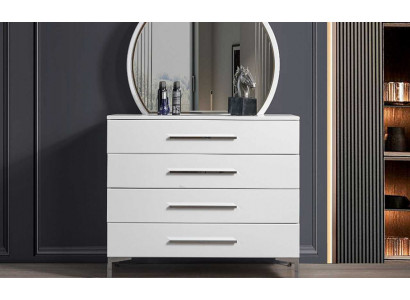 Véiertéiereg Wäiss Schlofzëmmer Kommode Designer Glas Ronnspigel 2-Delige Set