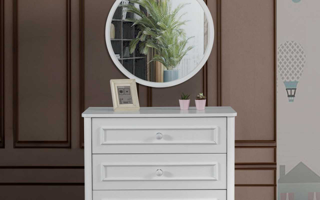 Kannerzëmmer Miwweldesigner Ronnspigel Wäiss Holz Luxus Kommode 2tlg