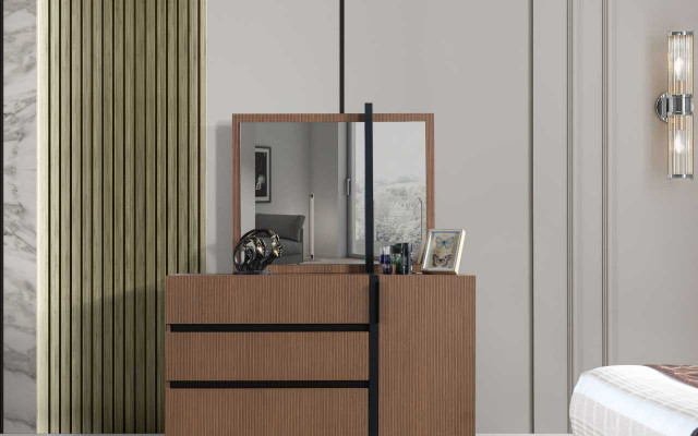 Modern brong Schlofkummerskommode mat 3 Schief an enger Dier aus Holz Miwwelen