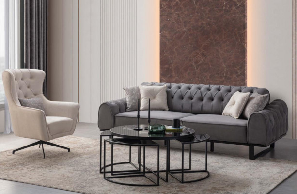 Groen Chesterfield Dräisëtzer Luxuriéise Polster Wäisse Fautteuil 2tlg Set