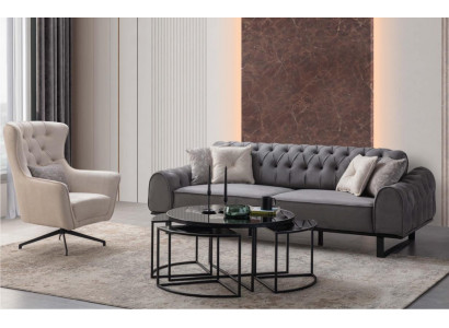 Groen Chesterfield Dräisëtzer Luxuriéise Polster Wäisse Fautteuil 2tlg Set