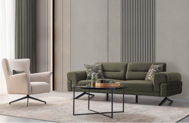 Gréng-wäiss Wunnzëmmer Sëtzgrupp Exklusiv Dräisëtzer Polstersessel