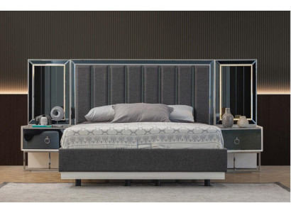 Grouss Schlofzëmmer Set Edelstolbett 2x Holz Nuetsdëscher 3 Deeler Set