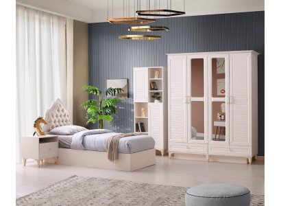 Jugendzëmmer-Set 4-Deeler Bett Nuetsdësch Kleederschaf Bicherregal Beige Eenfaarweg