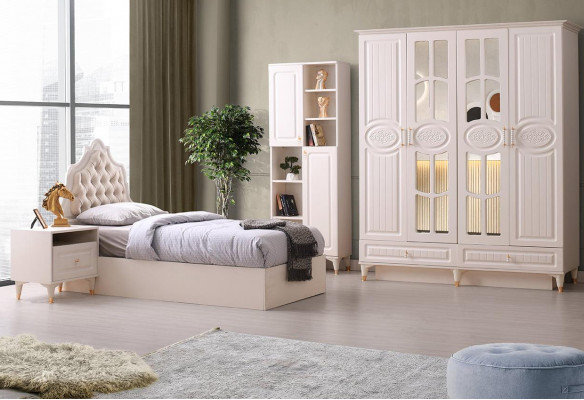 Jugendzëmmer-Sätz 4tlg Beige Modern Bett Nuetsdësch Kleederschaf Bicherregal