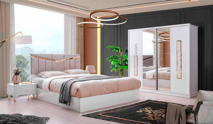 Schlofzëmmer-Set 4tlg Modern Stil Design Bett 2x Nuetsdëscher Kleederschaf.