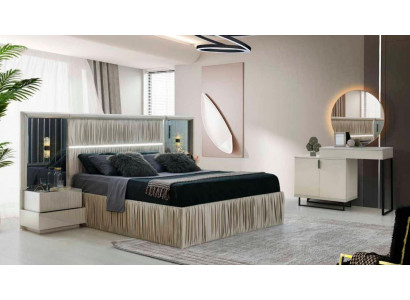 Schlofzëmmer-Set 4TL Bett 2x Nuetstëscher Schminktësch mat Spigel Wäiss Modern