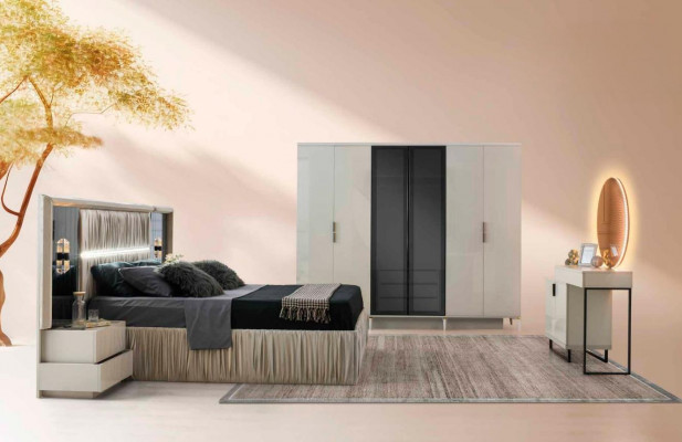 Schlofzëmmer-Set 5-deel Kompléitt Bett 2x Nuetsschief Kleederschaf Schminktësch